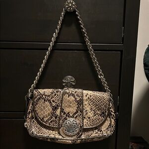Brighton Beige and Brown Snake-Print Shoulder Bag with Silver Chain